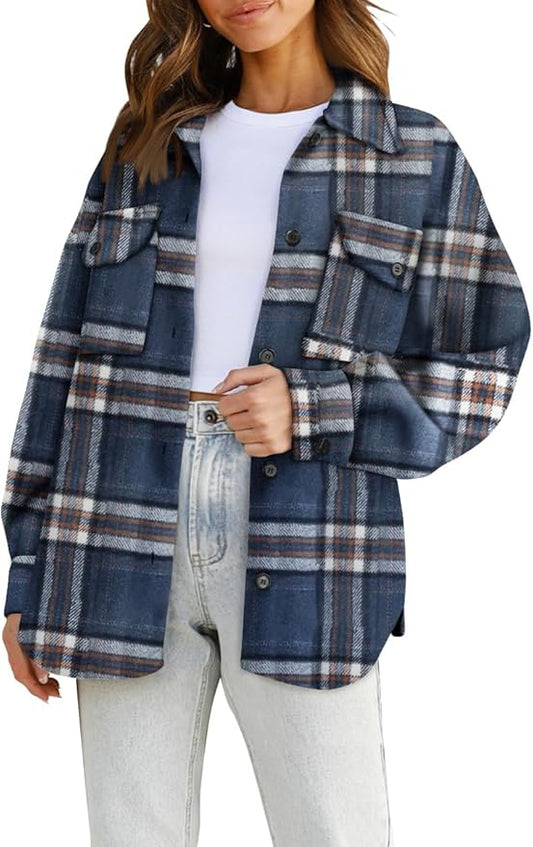 AUTOMET Womens Casual Plaid Shacket Button Down Long Sleeve Shirt