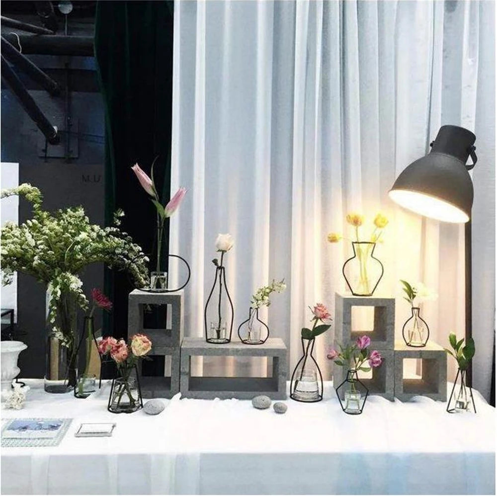 Nordic Style Retro Iron Line Table Flower Vase Holder - Metal Plant Stand for Home Decoration - Available in 8 Unique Shapes