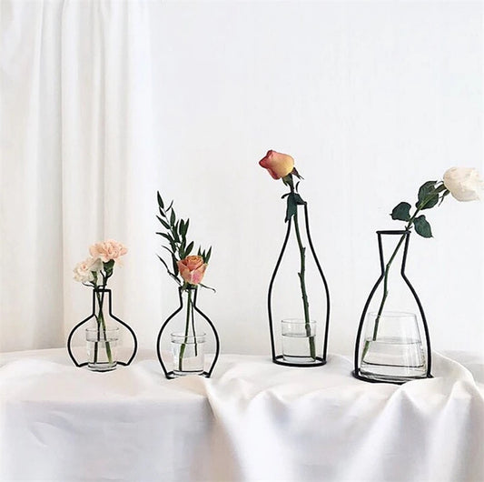 Nordic Style Retro Iron Line Table Flower Vase Holder - Metal Plant Stand for Home Decoration - Available in 8 Unique Shapes