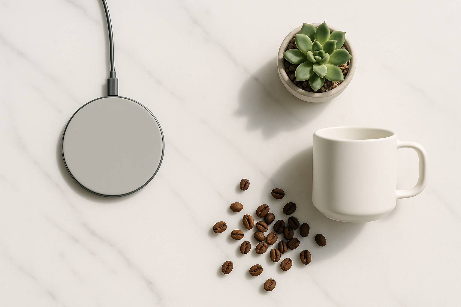 A bright, airy flat lay photograph featuring carefully curated everyday objects arranged on a pristine white marble surface. Include a sleek wireless charging pad, a small succulent in a ceramic pot, and artisanal coffee beans scattered around a minimalist white mug. Soft natural lighting creates gentle shadows, with plenty of negative space to emphasize the "less is more" philosophy of thoughtful curation.