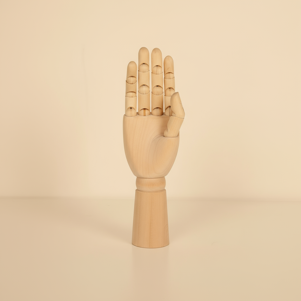 Articulated wooden hand zoomed out