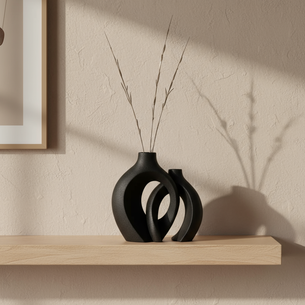 Black ceramic vase on floating shelf interior styling