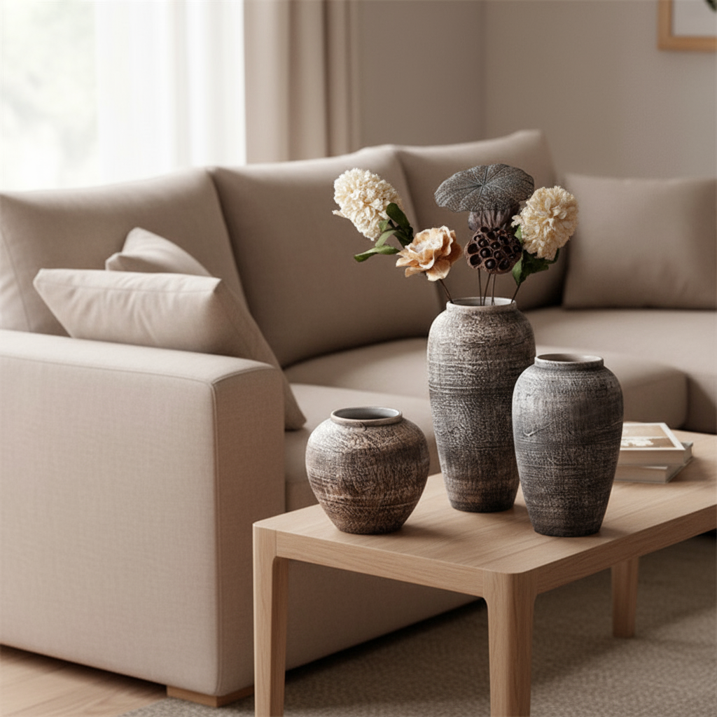 Medium and Tall Weathered Earth Ceramic Vases on Side Table