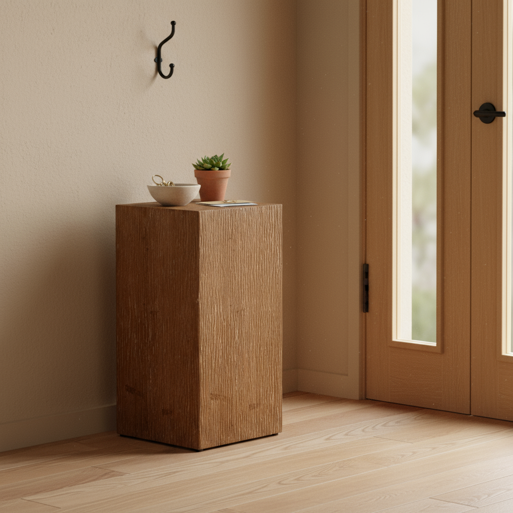 Minimalist entryway with textured wood side table