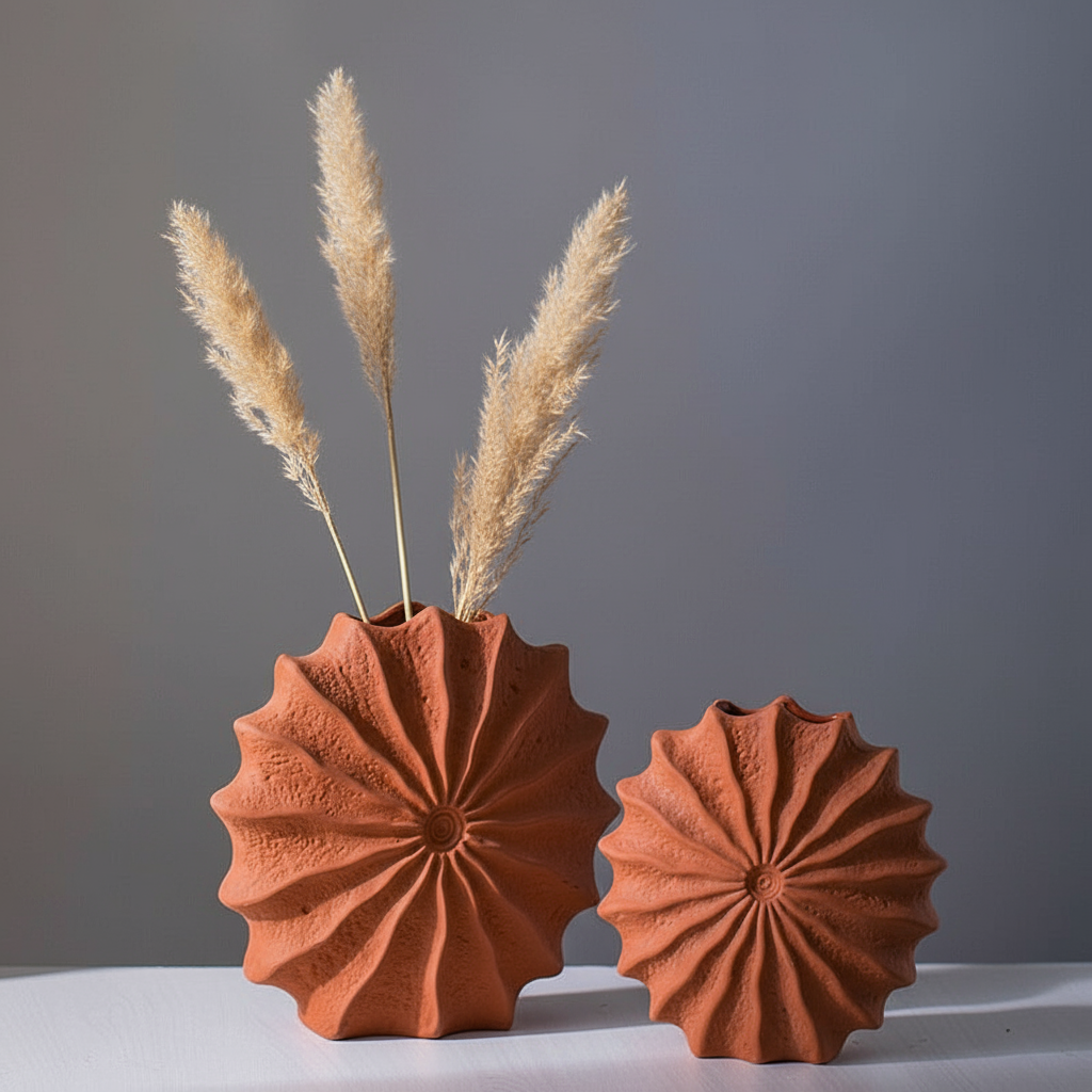 Minimalist terracotta vases with restrained pampas arrangement