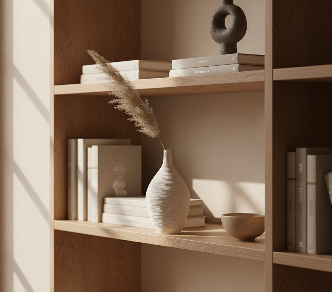 Natural stone ceramic vase styled on wooden shelving with books