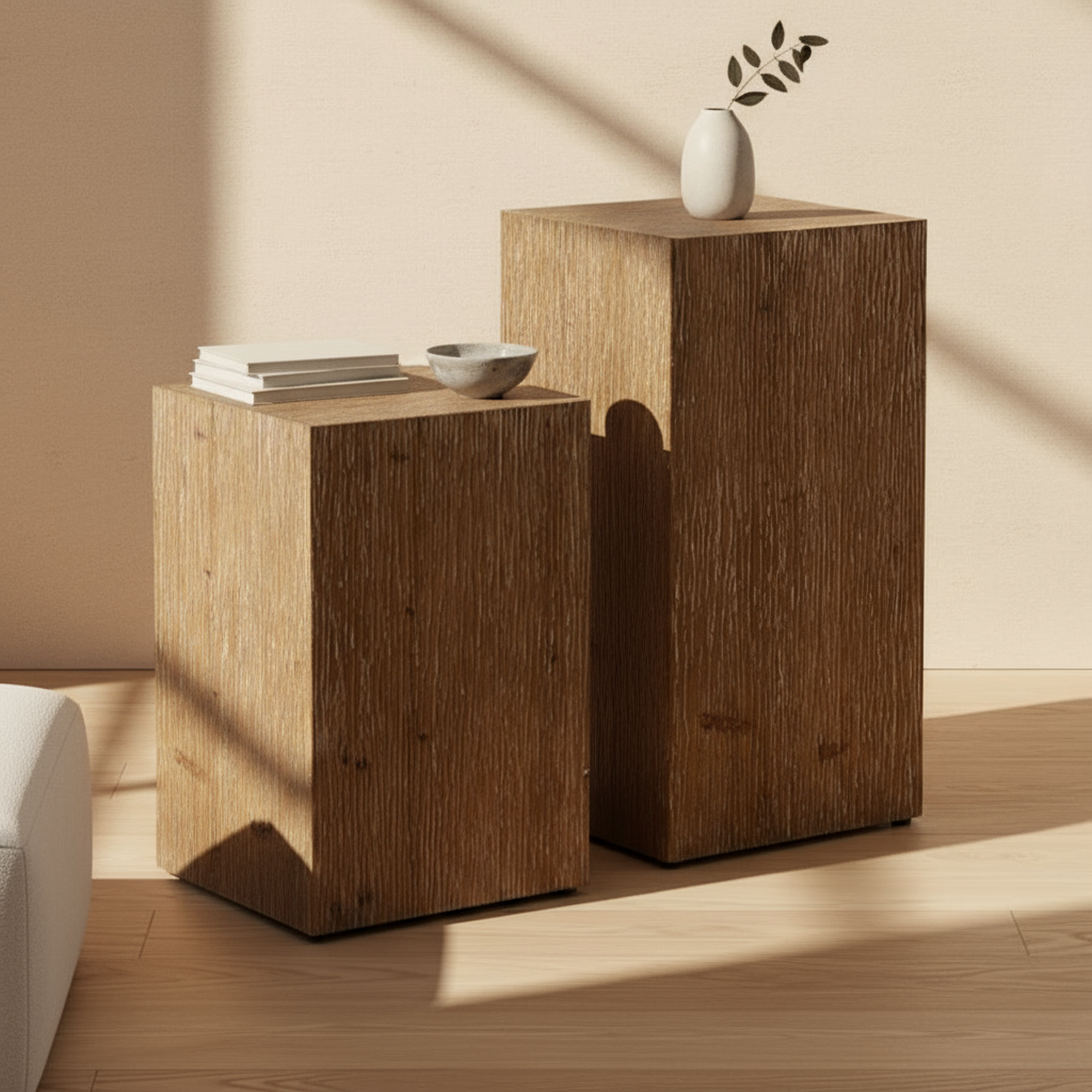 Refined minimalist interior with textured wood side tables set
