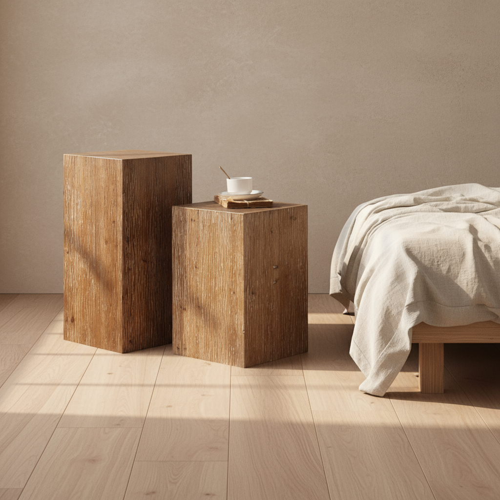 Refined minimalist wood side tables with tea cup