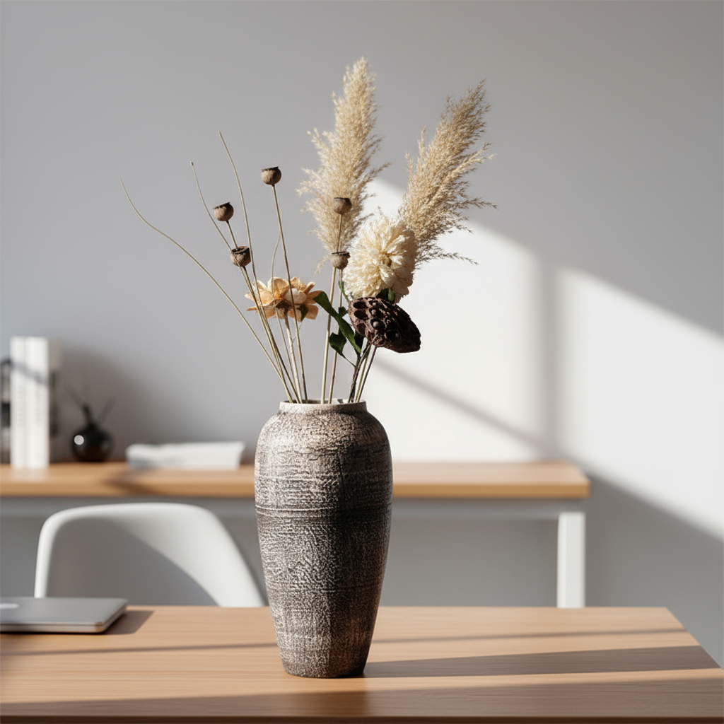 Tall Weathered Earth Ceramic Vase on Desk