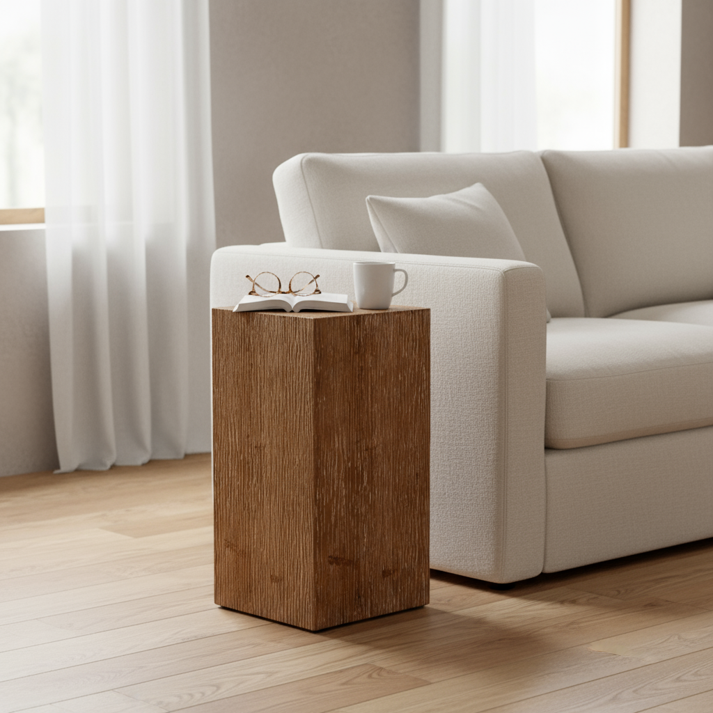 Tall wood side table beside sofa in minimalist living room