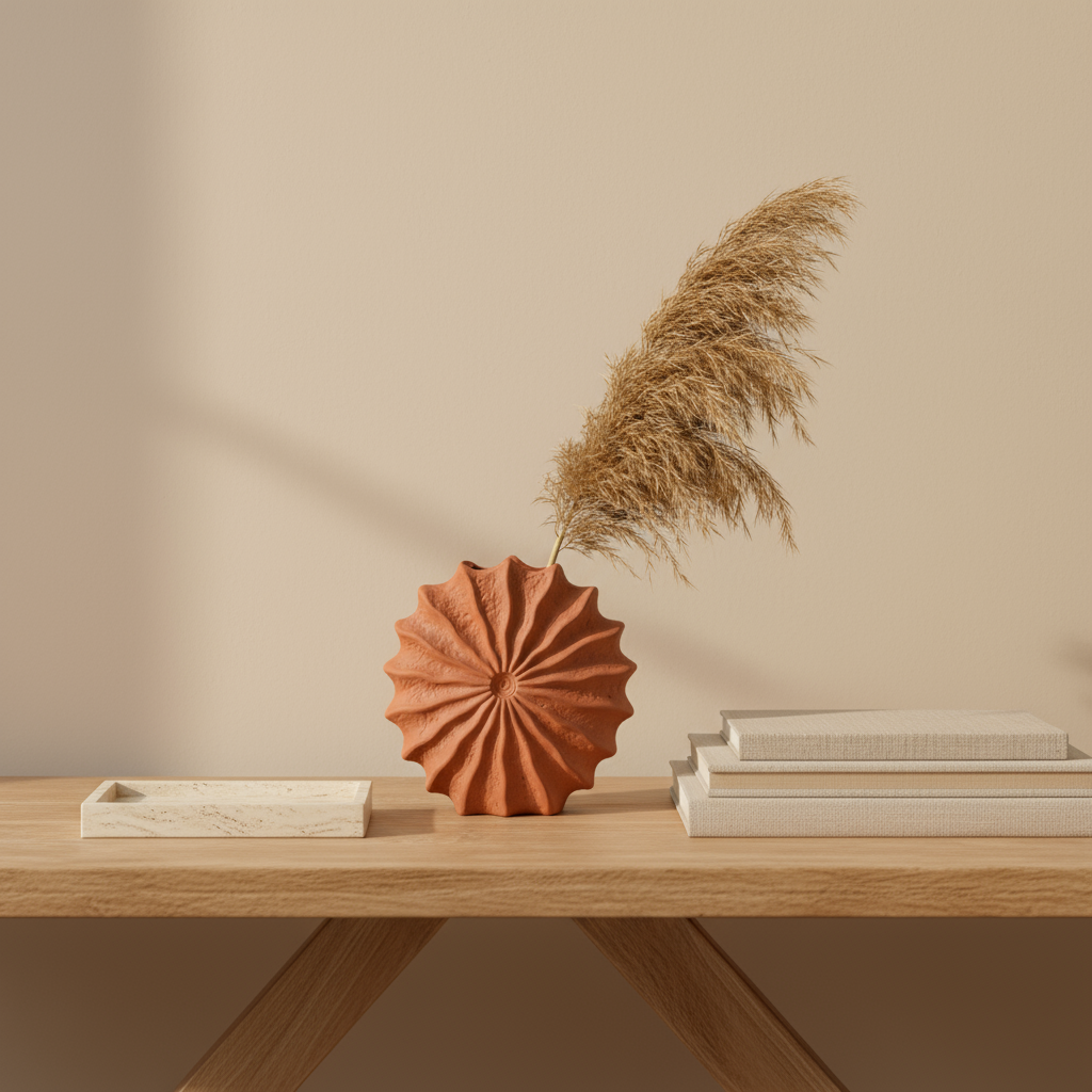 Terracotta vase styled on console table