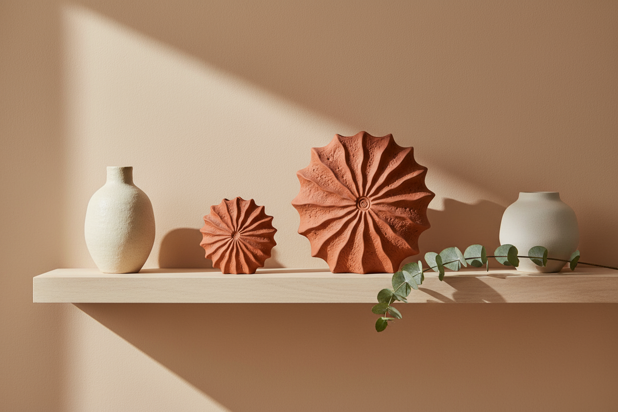Terracotta vases on floating shelf
