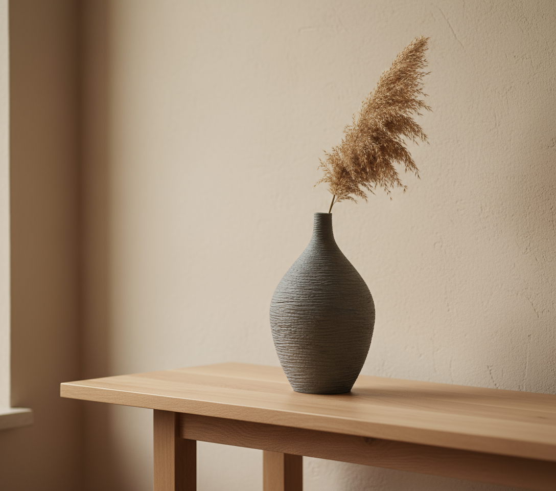 Textured ceramic vase lifestyle shot on oak console