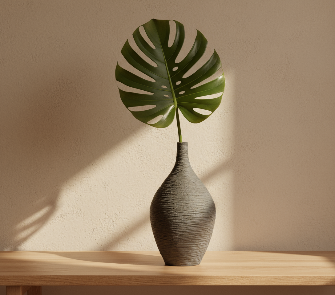Textured ceramic vase with architectural botanical on oak console