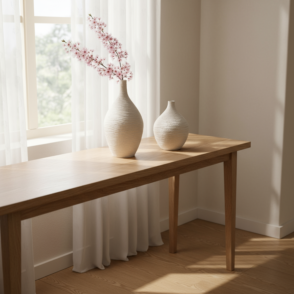 Two ceramic vases with spring cherry blossoms in natural light