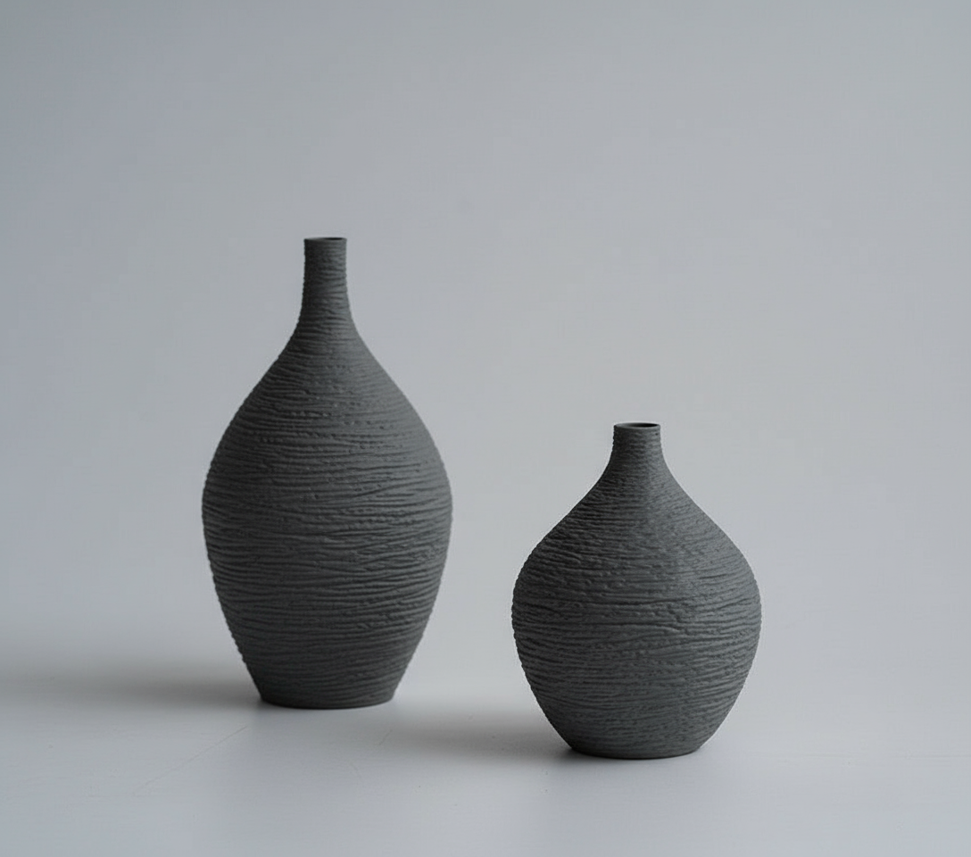 Two dark gray textured ceramic vases with grey background