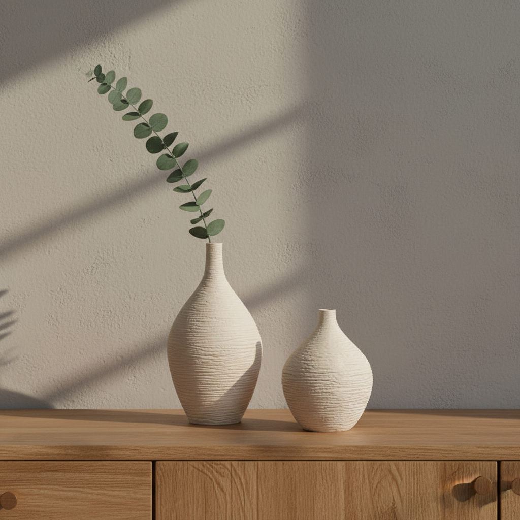 Two textured ceramic vases - filled and empty styling