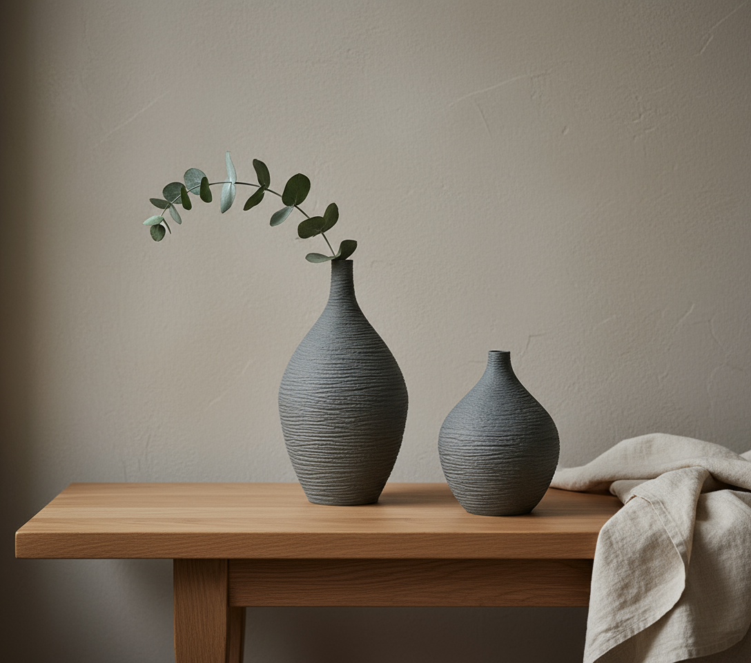 Two textured ceramic vases styled on oak console