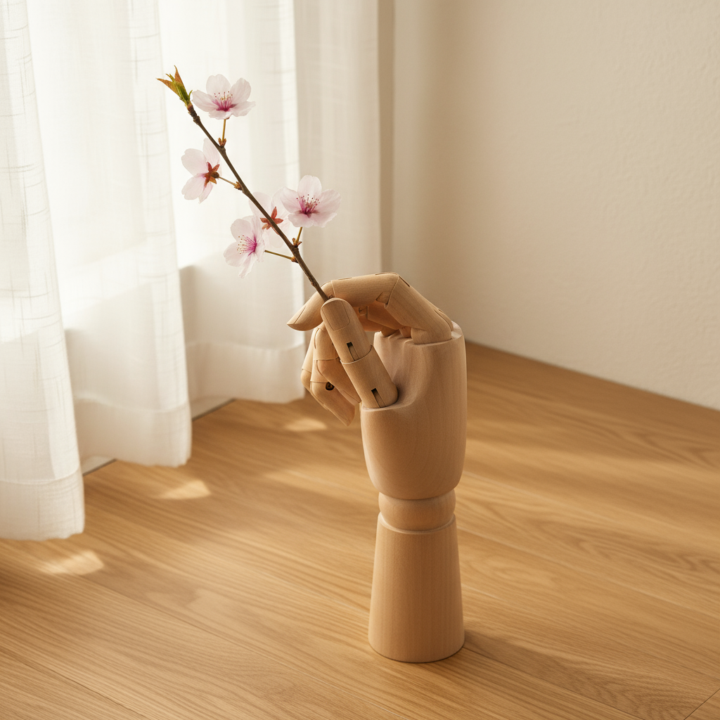 Wooden hand with cherry blossom