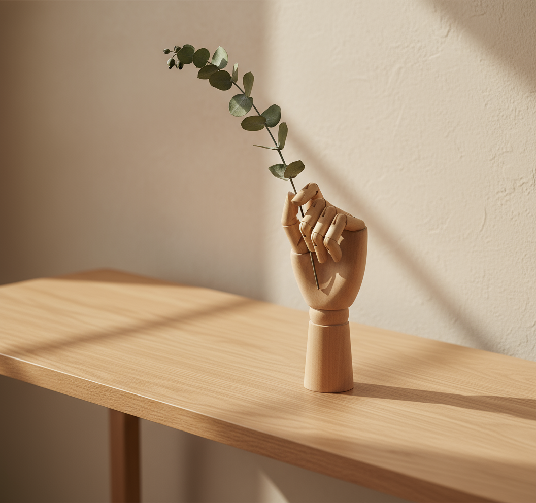 Wooden hand with eucalyptus on oak console