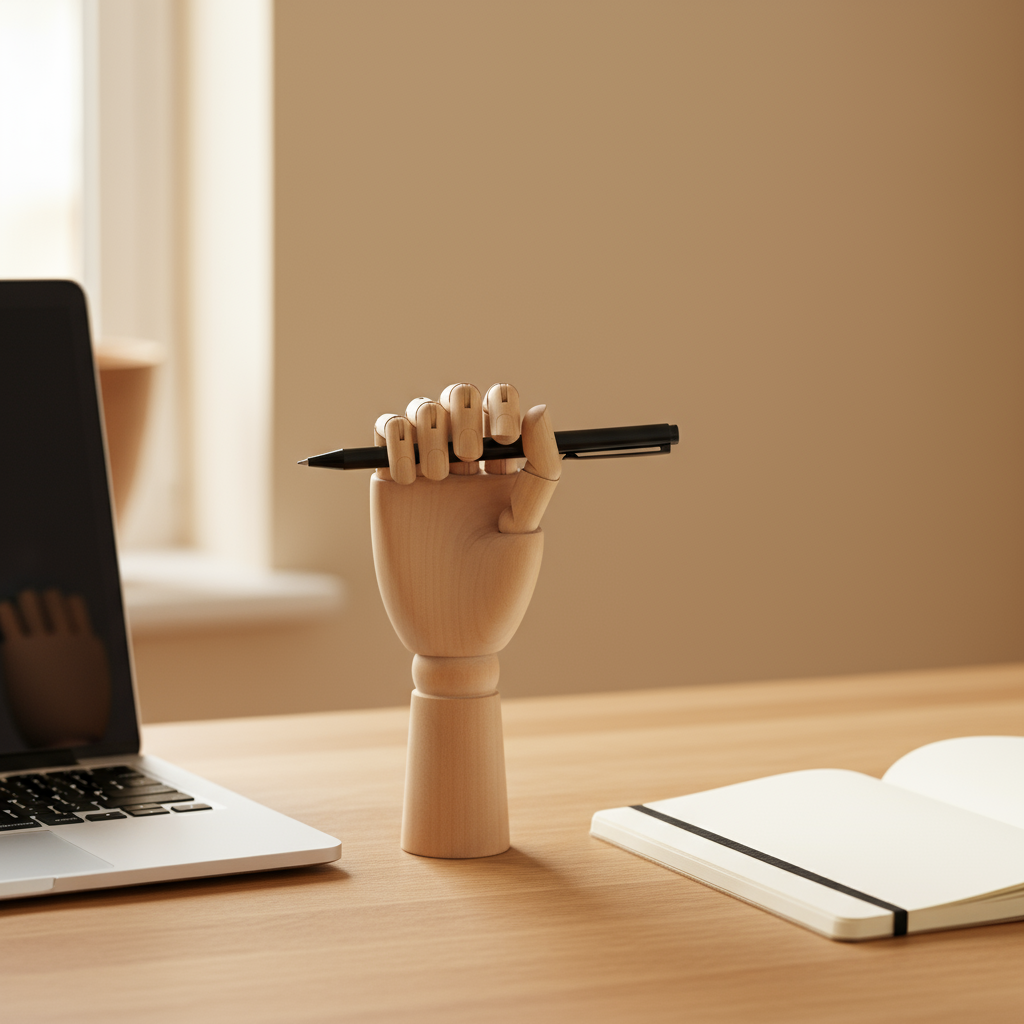 Wooden hand with pen on desk